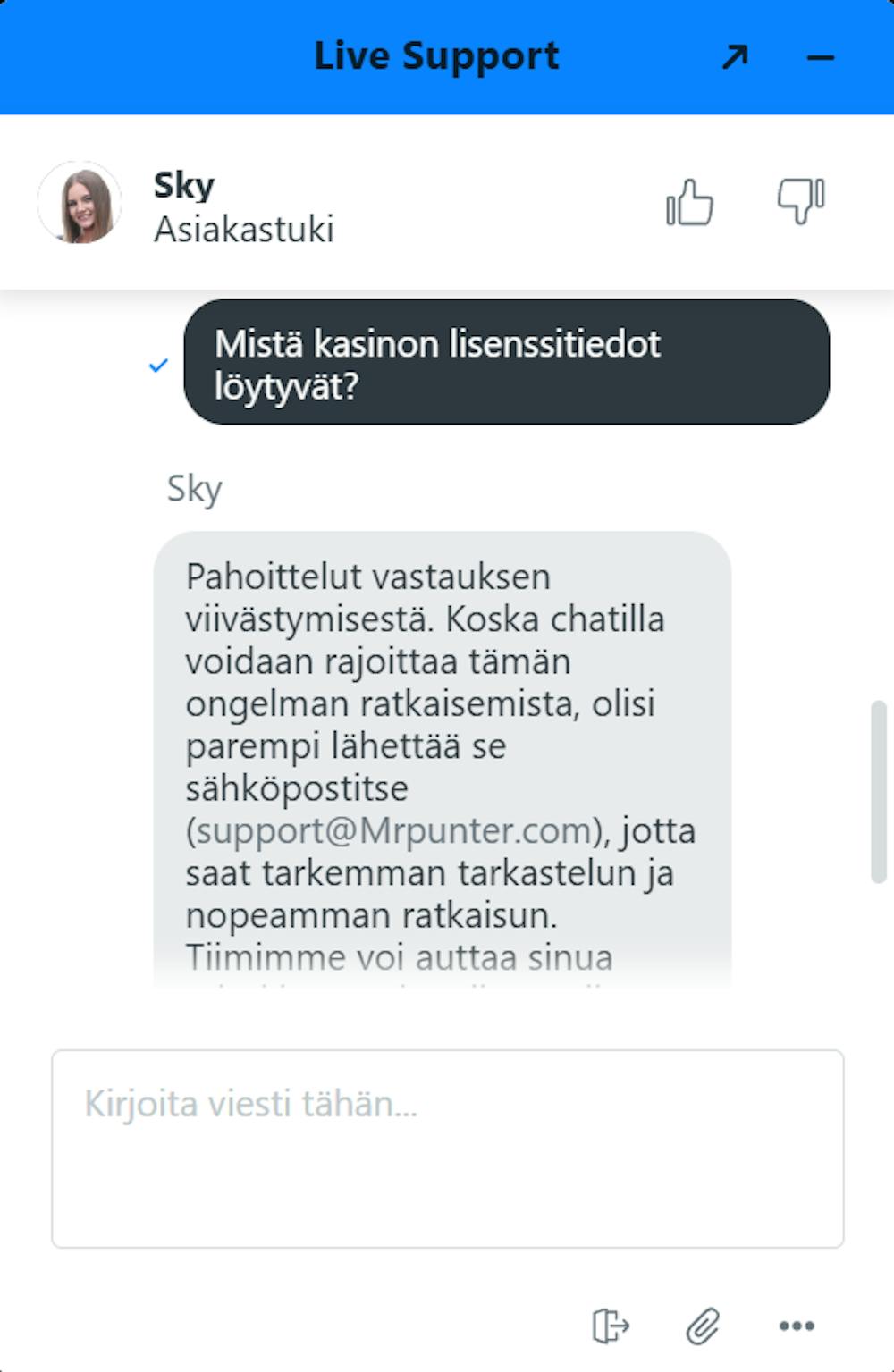 Mr Punter kasinon asiakaspalvelun live chat keskustelu.