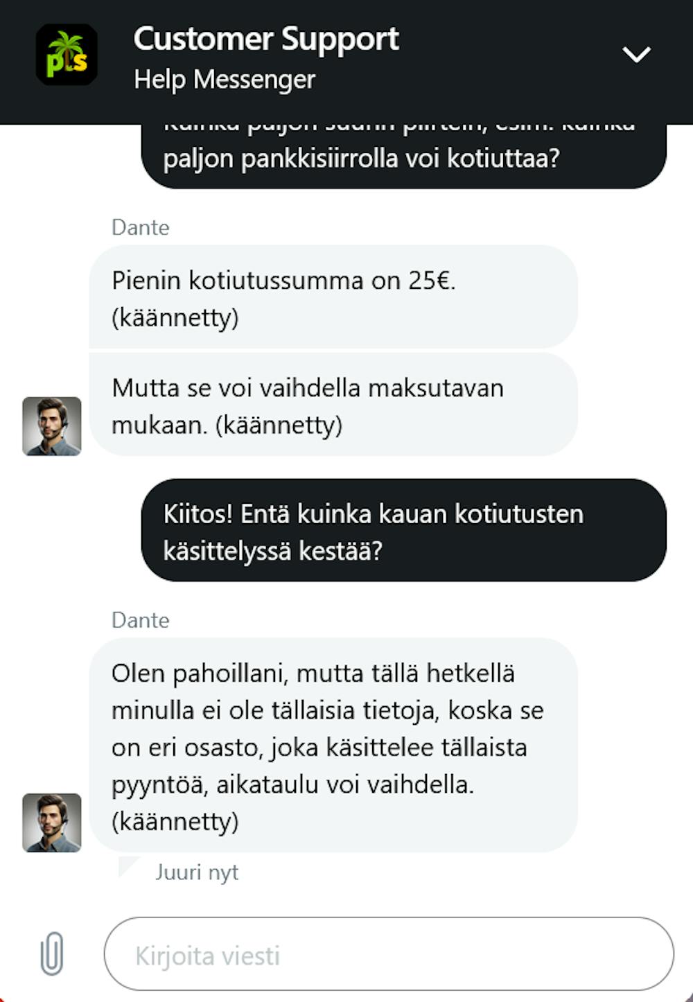 Palmslots Casinon chatissa palveltiin käännöstyökalun avulla.