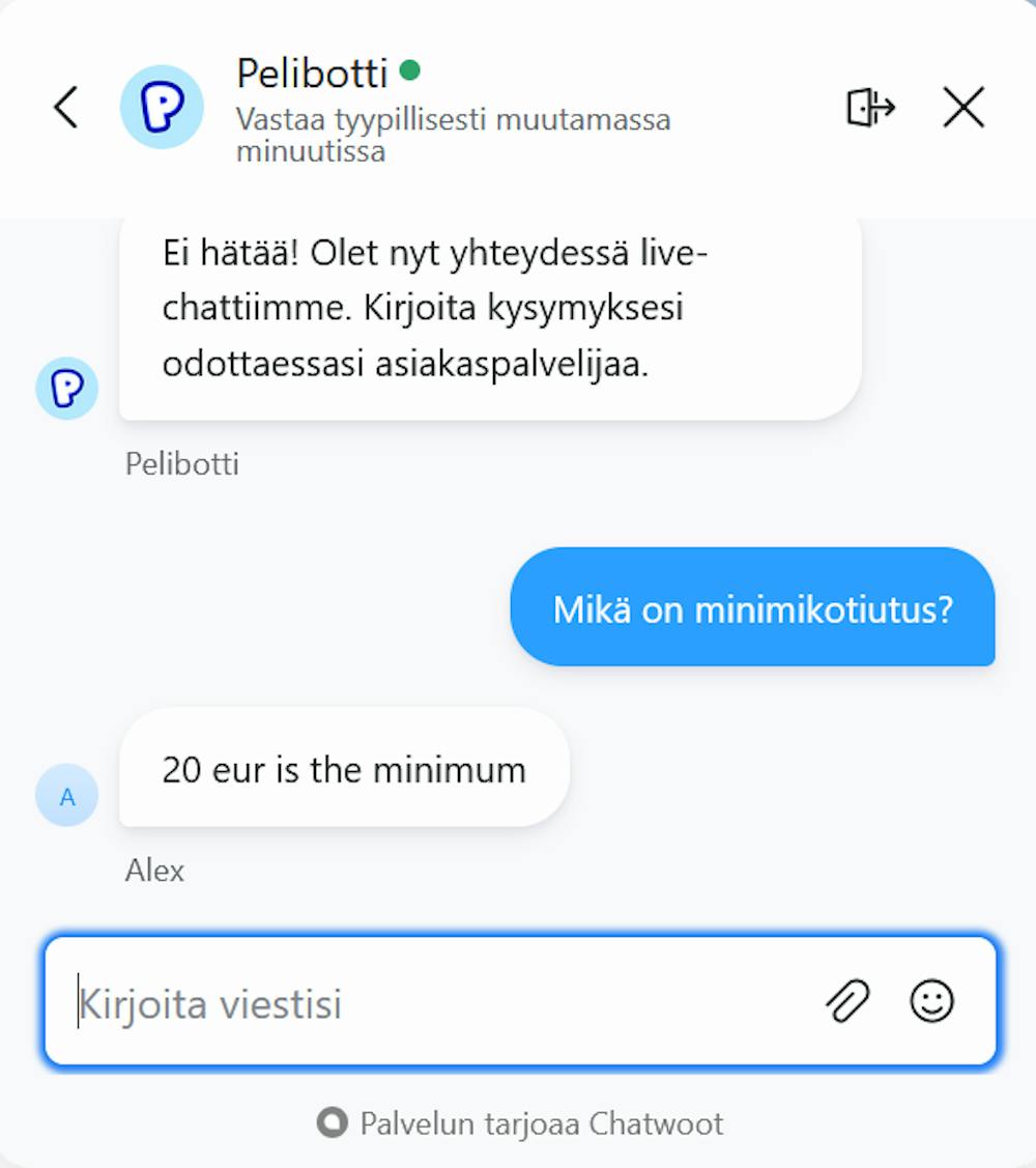 Pelaanyt Casinon asiakaspalvelu palveli ainakin toistaiseksi englanniksi.