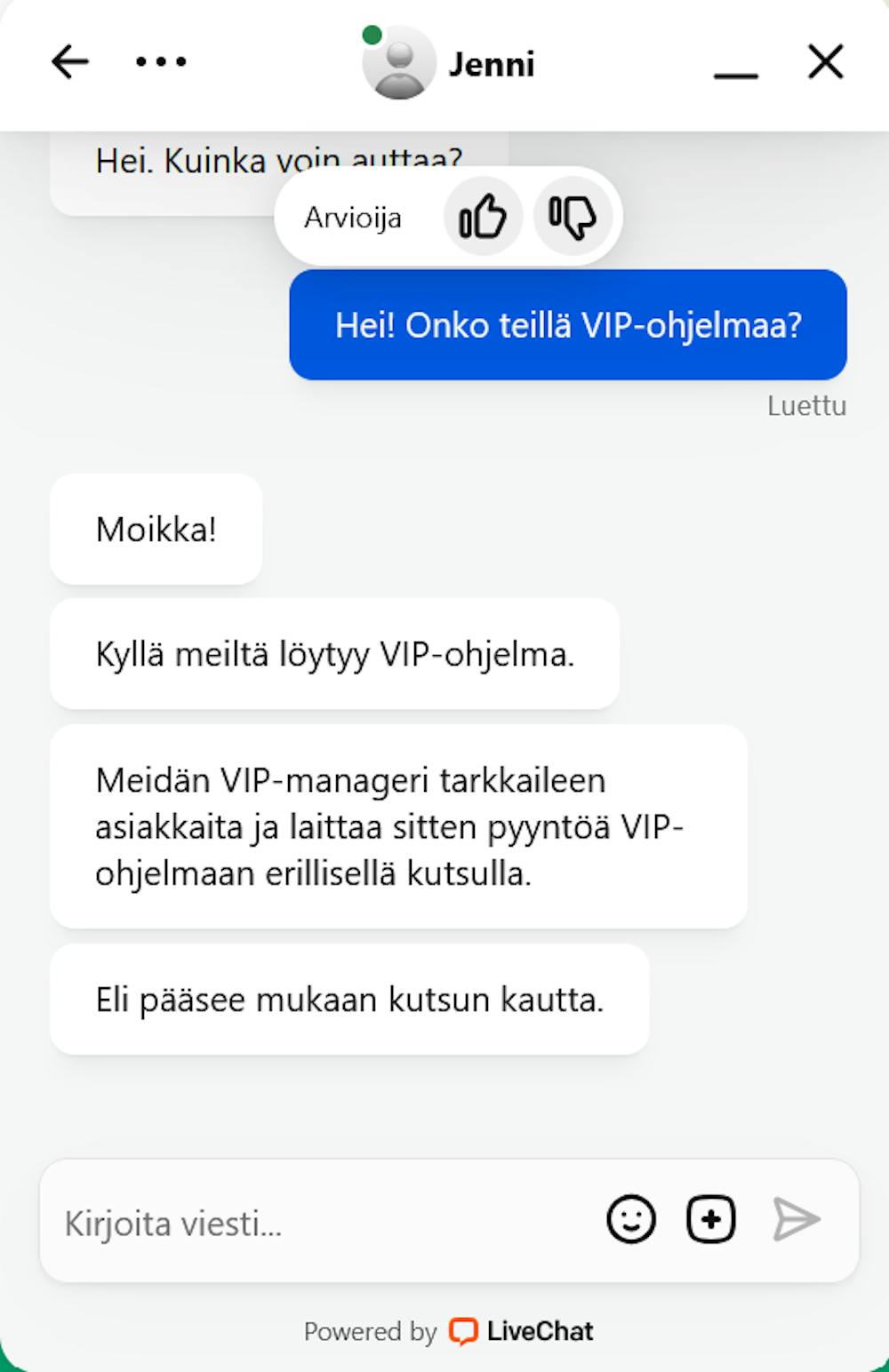 Pelikioskin asiakaspalvelun chatti palveli suomeksi.