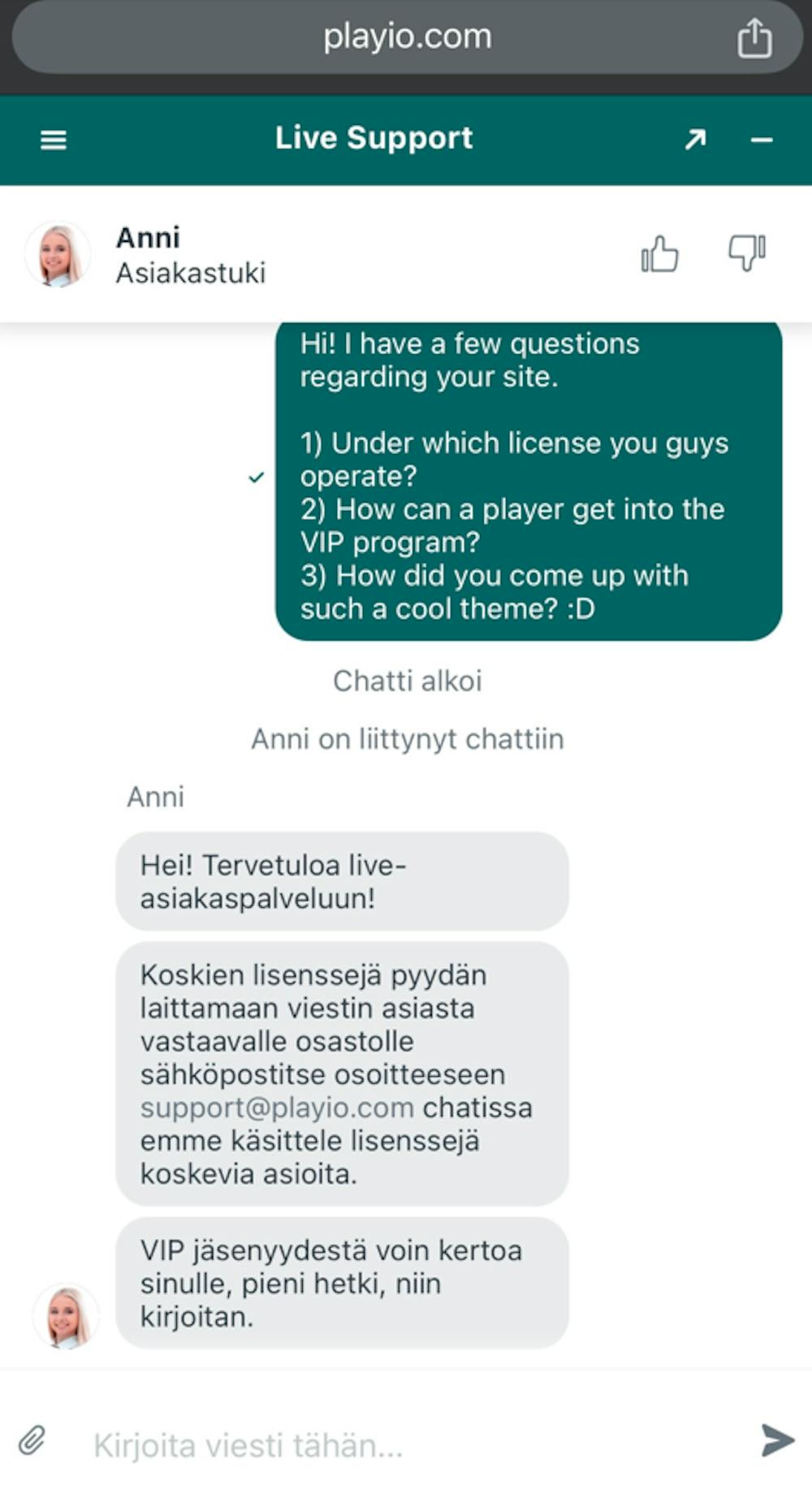 Playio Casinon live-chat palveli suomeksi.