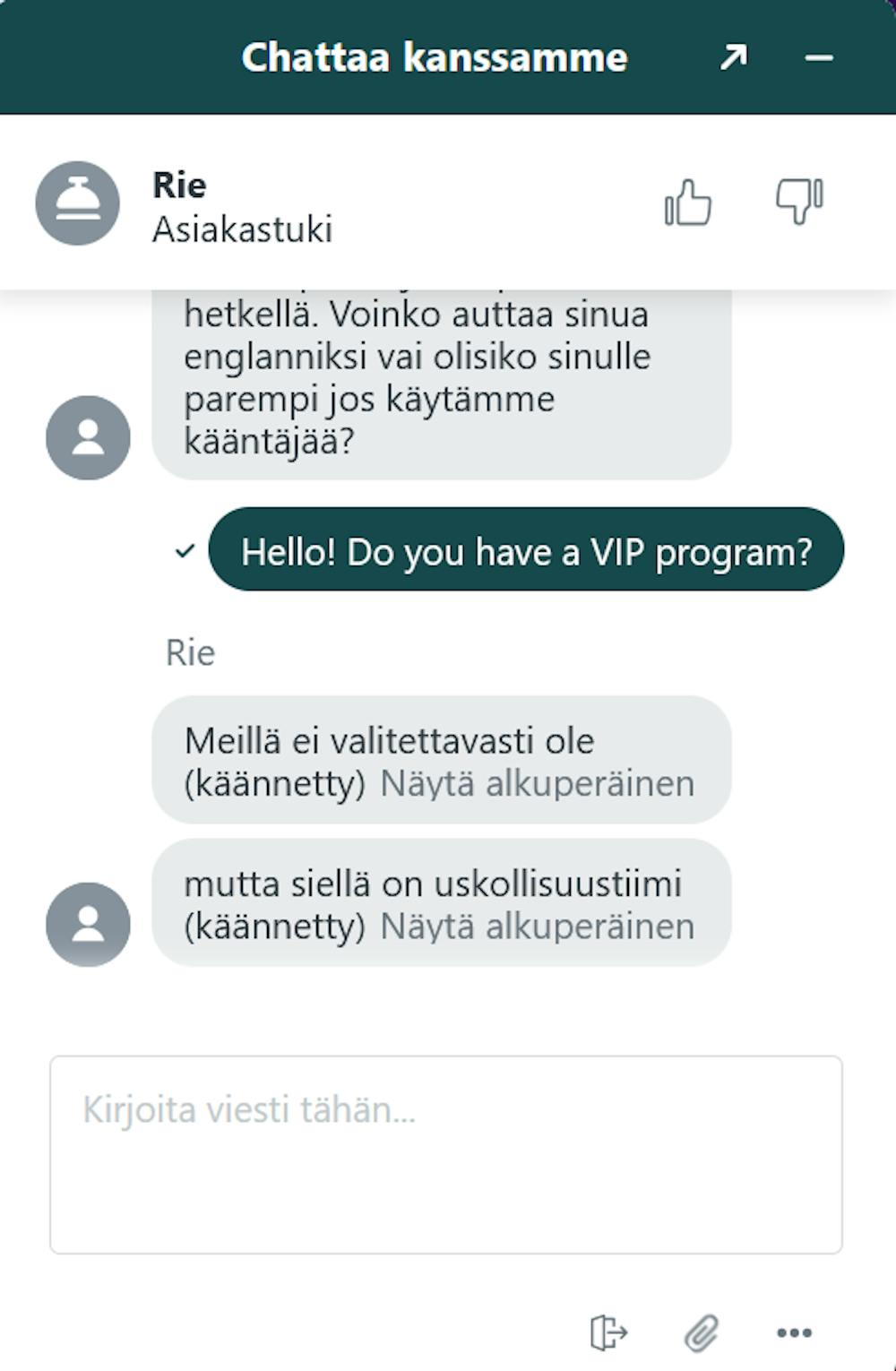 Punterz kasinon asiakaspalvelu vastasi chatissa suomeksi.