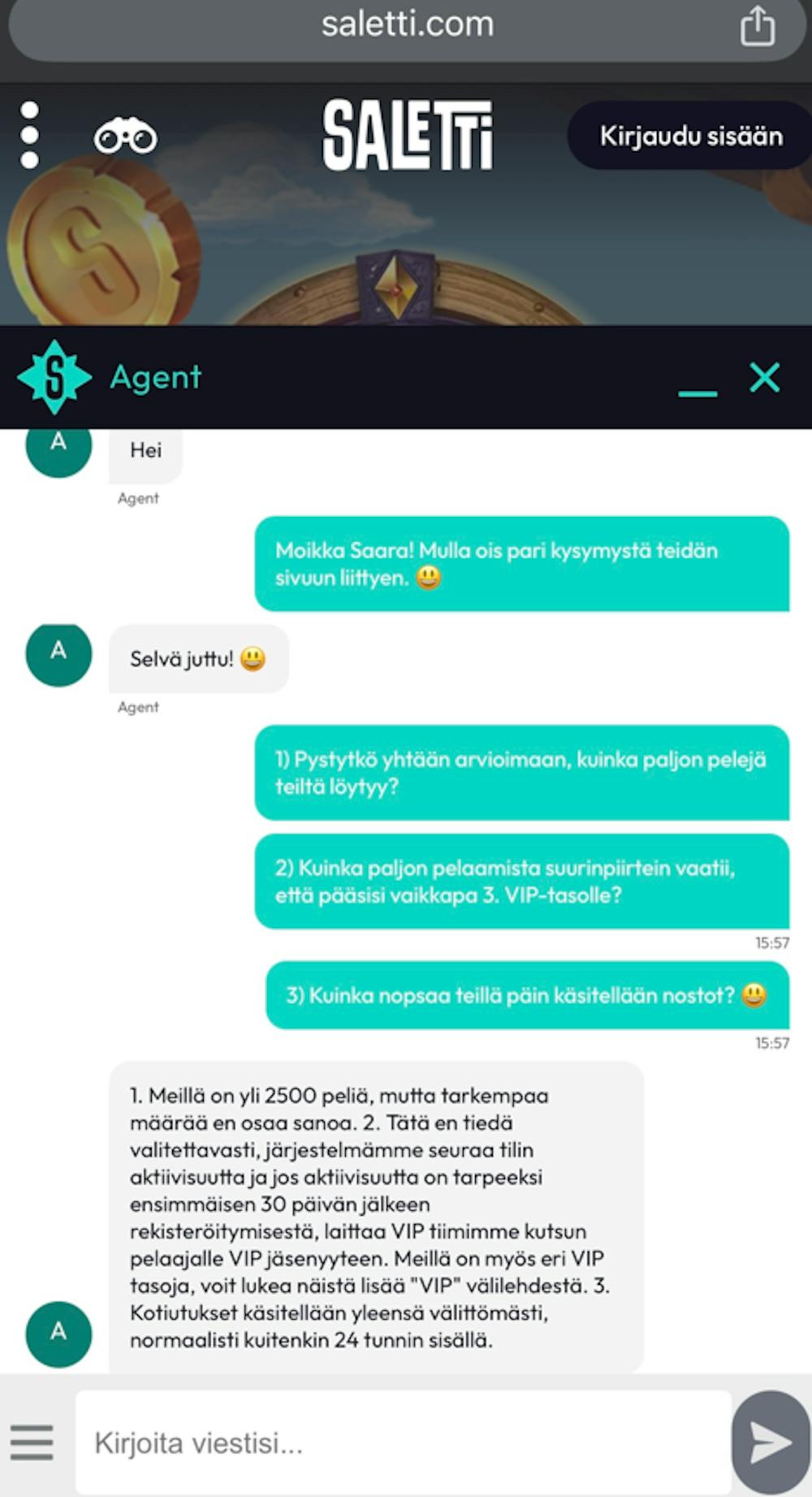 Saletti Casinon live chat palveli suomeksi.