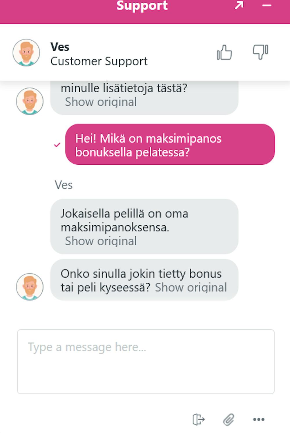 Slotti Monsterin asiakaspalvelun chatti vastasi suomeksi käännöstyökalun avustuksella.