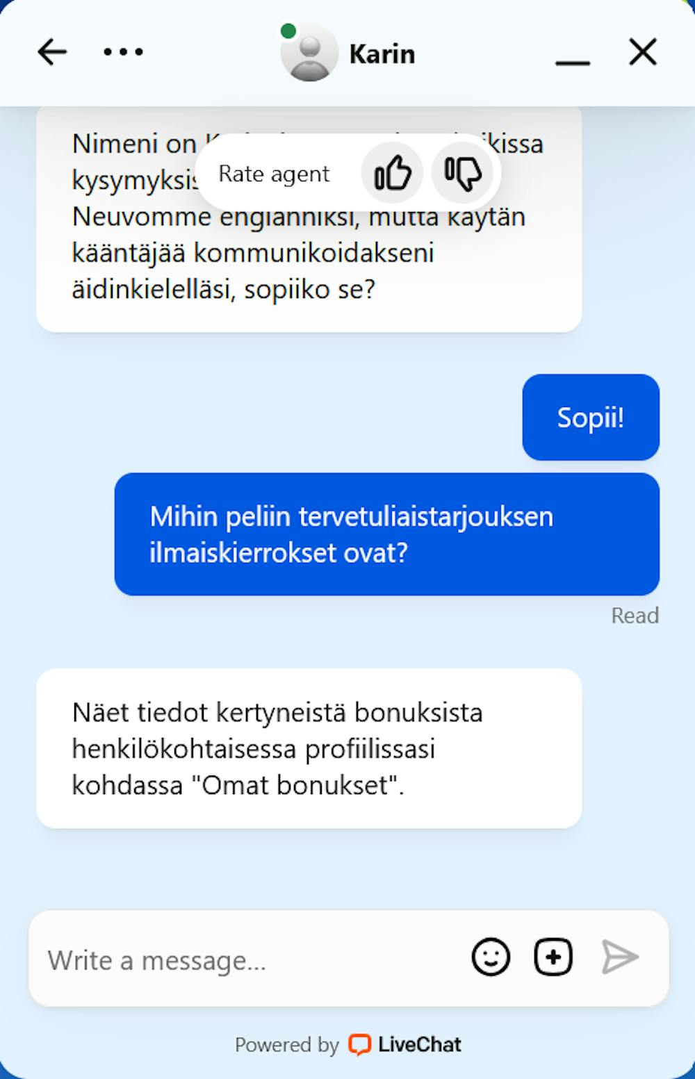 Spinfestin asiakaspalvelu palvelee chatin kautta myös suomeksi.