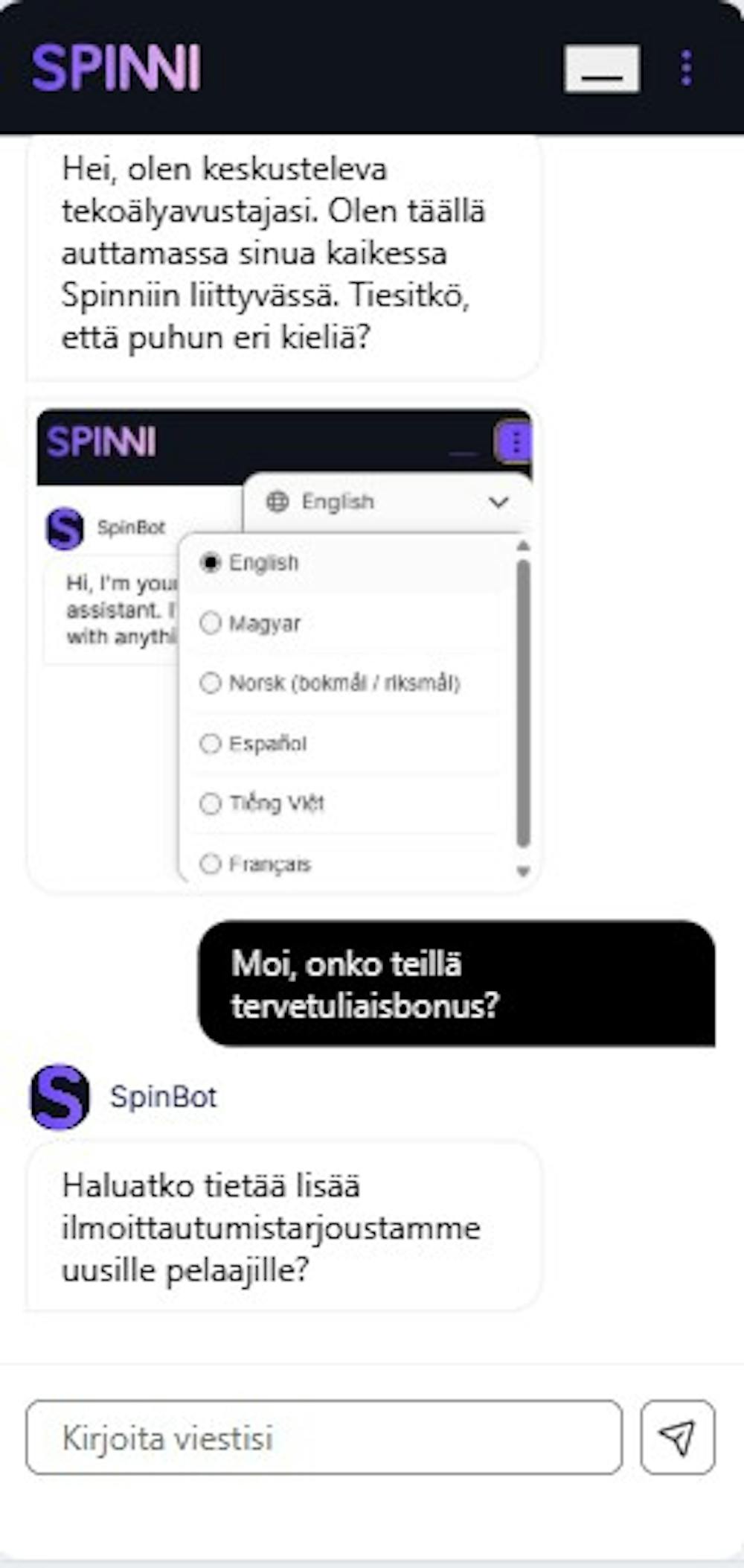 Spinni Casinon livechatissa palveltiin testihetkellä suomeksi käännöstyökalun avulla.