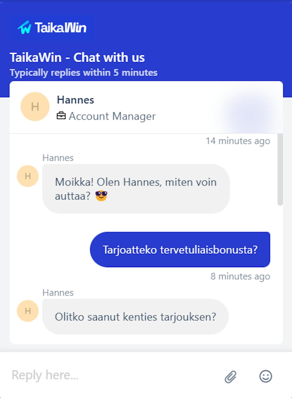 TaikaWin kasinon asiakaspalvelun chatissa palveltiin suomen kielellä.