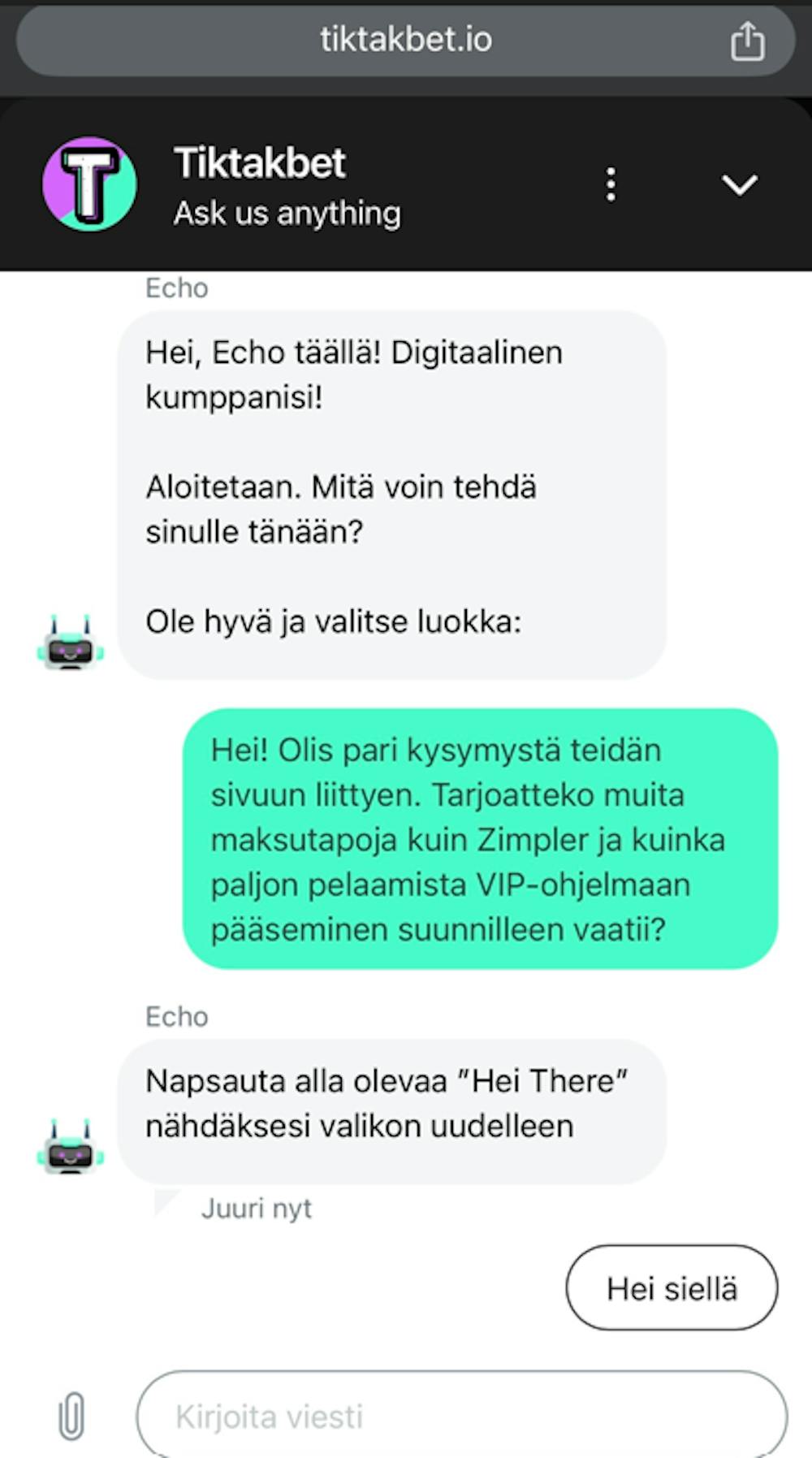 TikTakBet kasinon chatissa ei ollut oikeaa asiakaspalvelijaa.