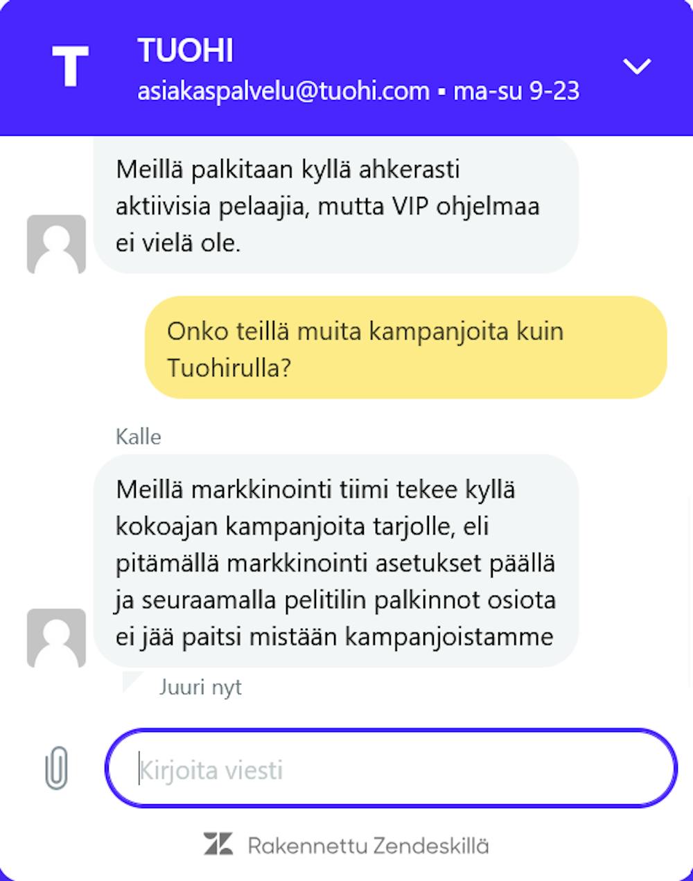 Tuohi kasinon chatissa palveltiin suomeksi.