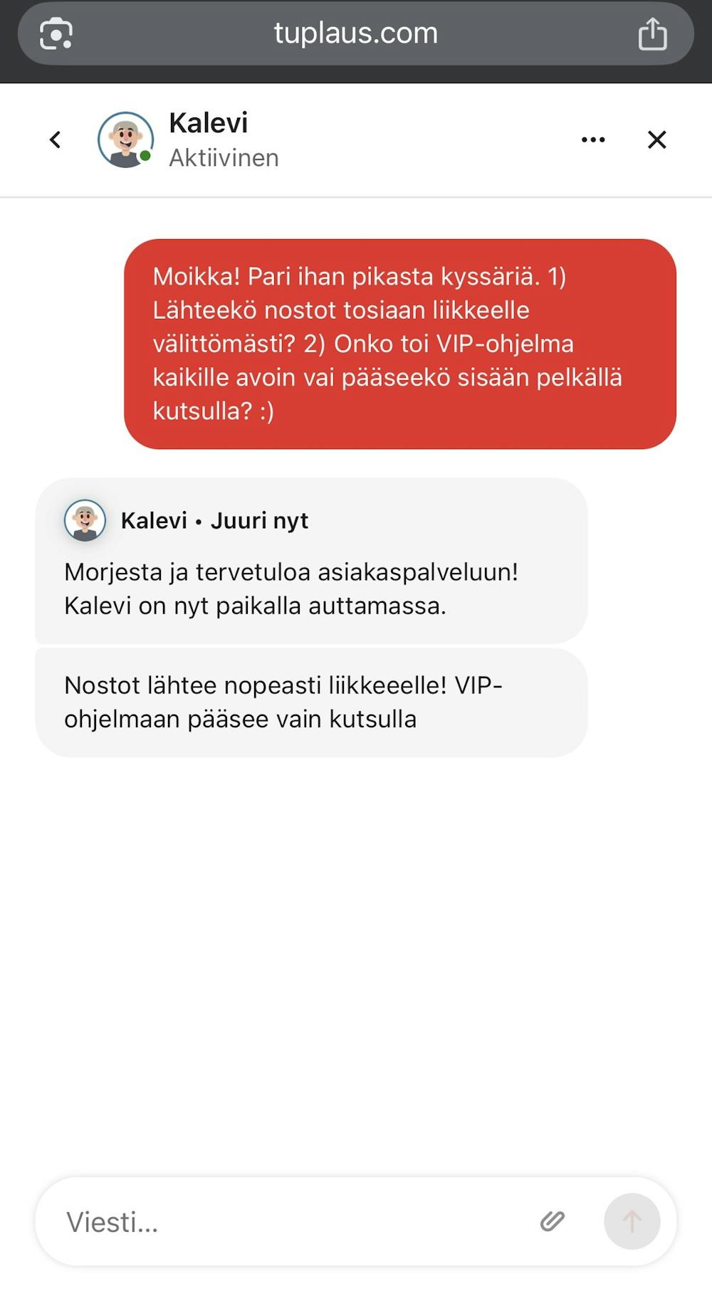 Tuplaus kasinon asiakaspalvelu palveli chatin kautta suomeksi.