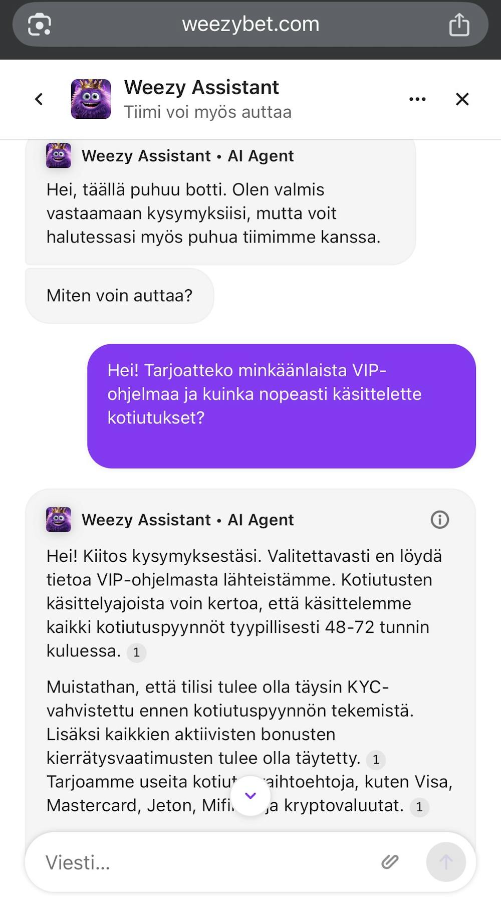 Weezybet palveli suomeksi käännöstyökalulla.