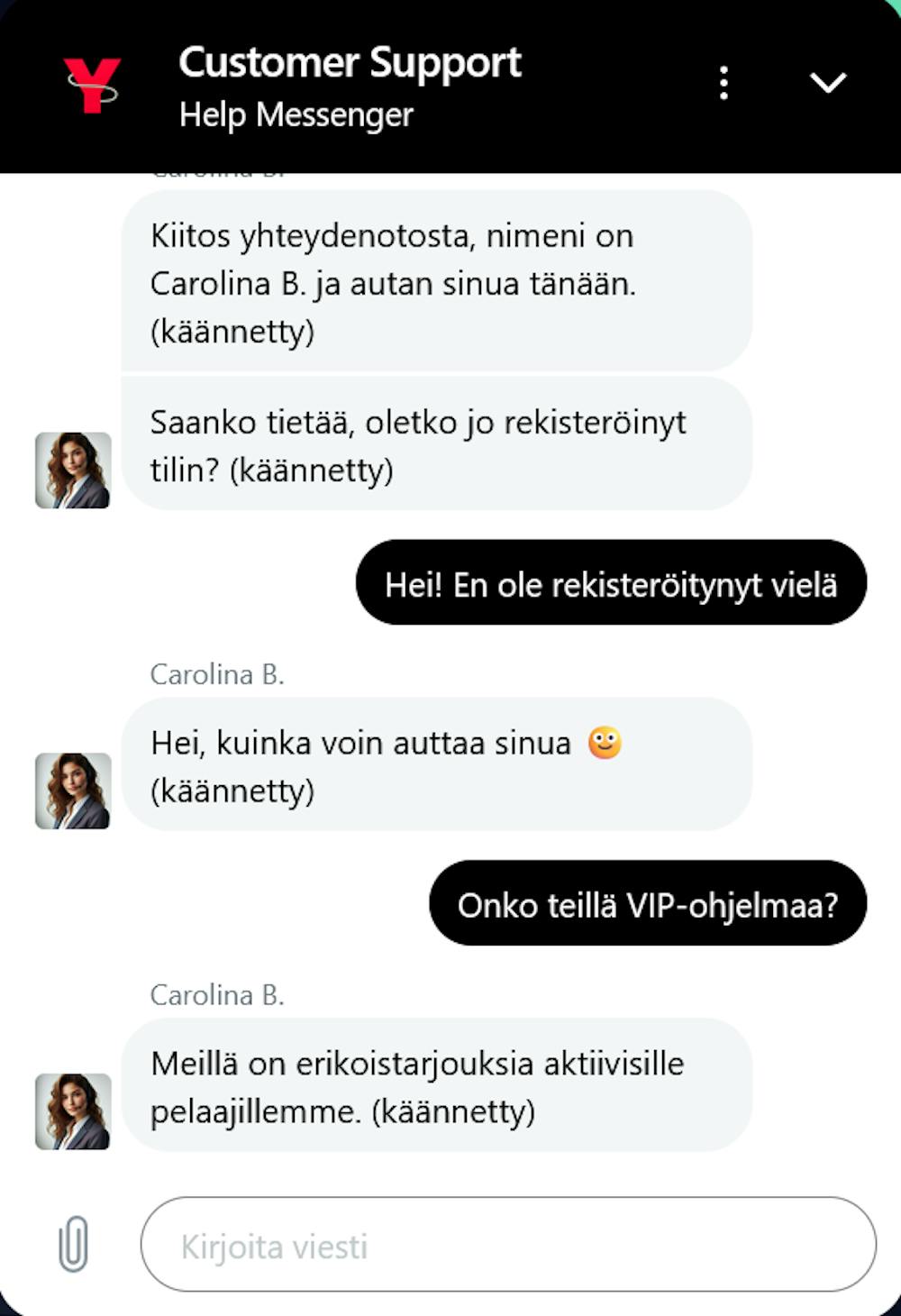 Yoyo Spins kasinon asiakaspalvelu palveli suomeksi käännöstyökalun avulla.