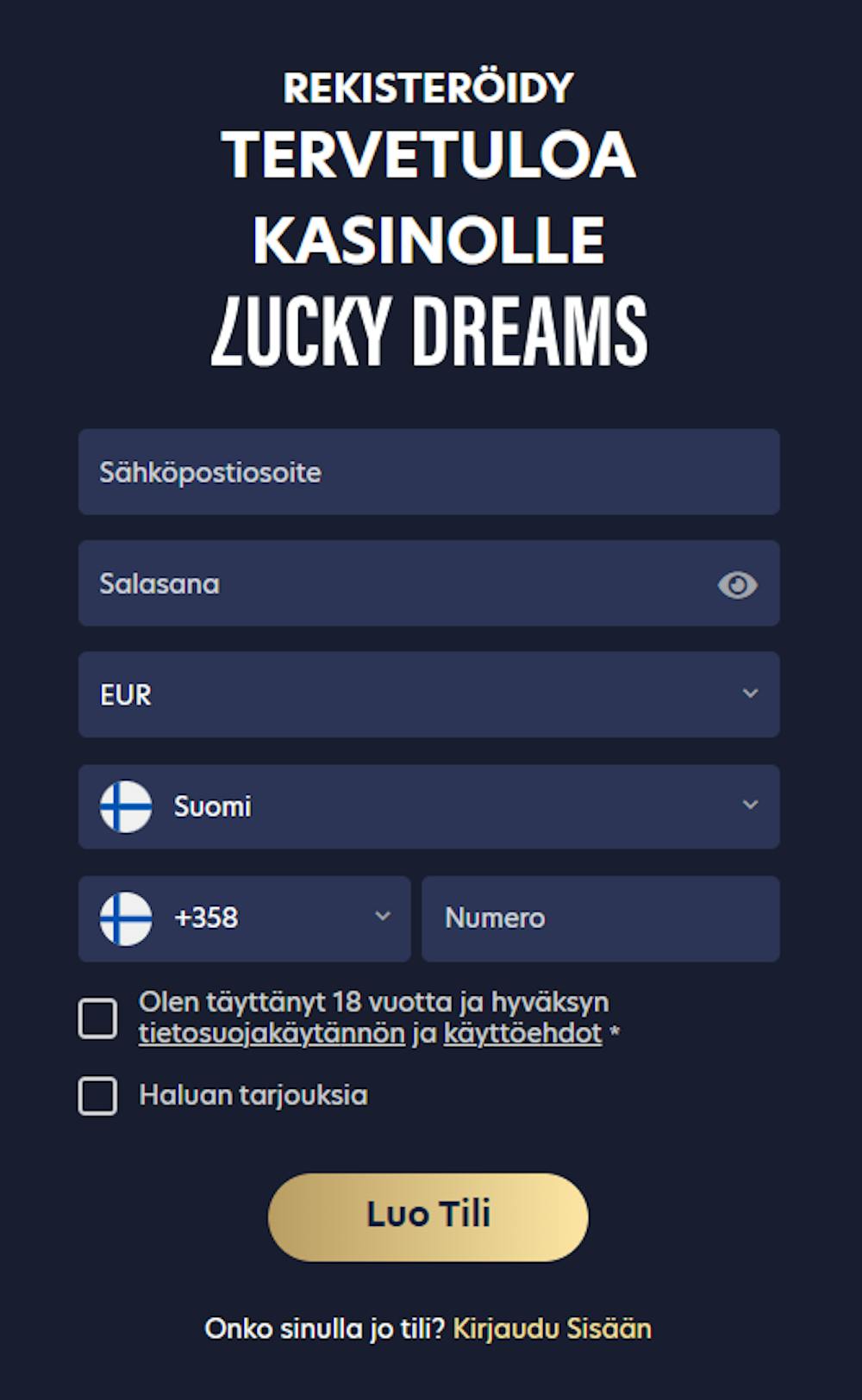Lucky Dreams kasinon rekisteröitymislomake.