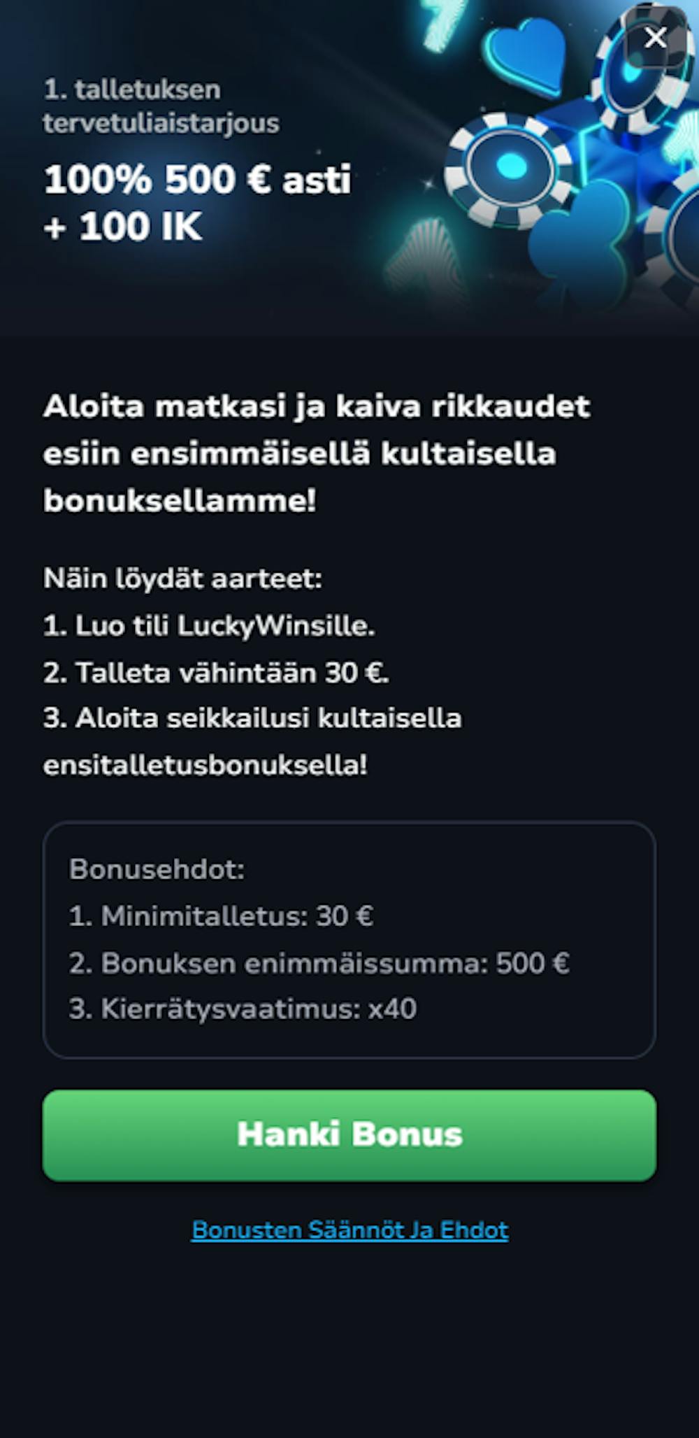 luckywinsin tervetulotarjous