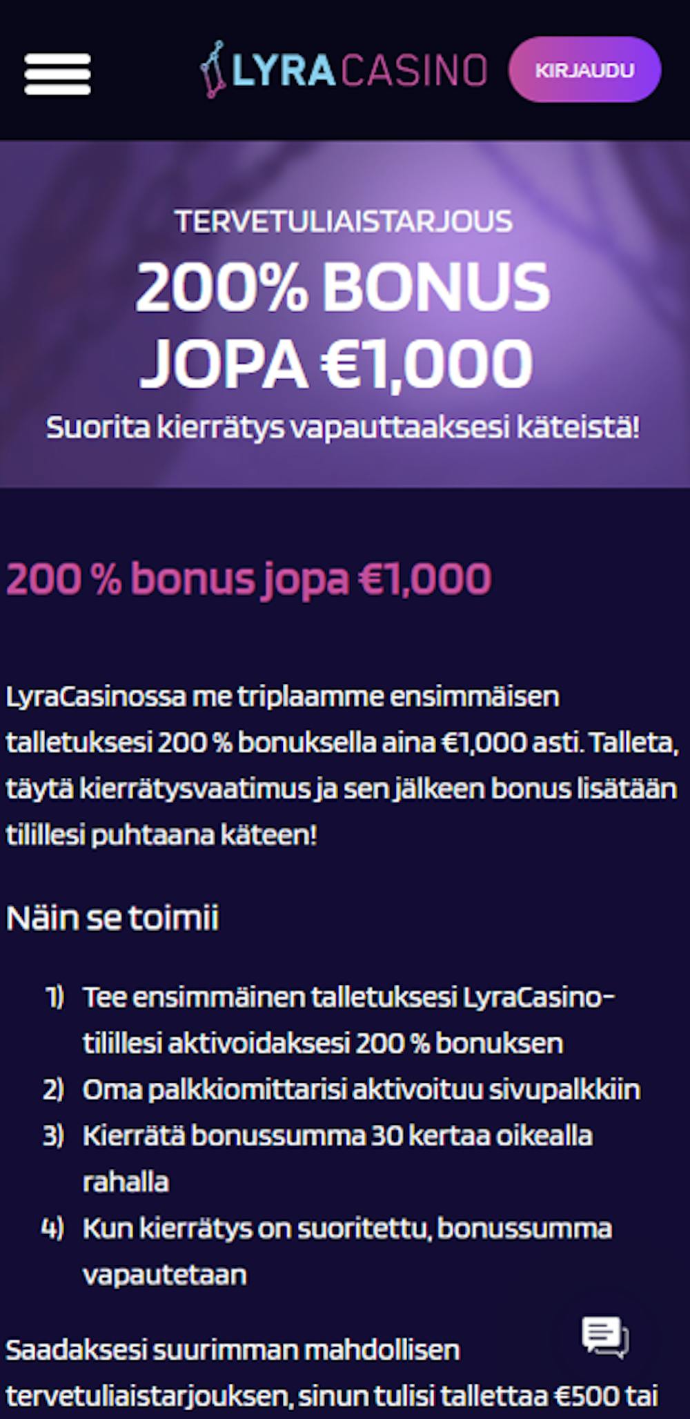 Lyra Casinon tervetuliaistarjous uusille pelaajille