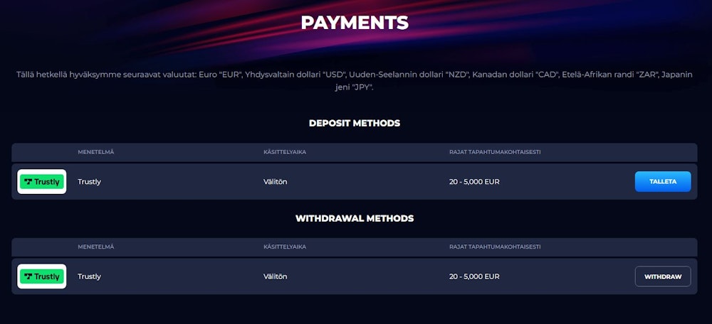 Megaslot Casinon maksuvaihtoehdot