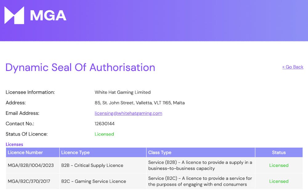 MGA kasinot - Lisenssin voimassaolon tarkistaminen MGA sivulta - kuvassa ote Slotsin lisenssin tarkoista tiedoista peliviranomaisen sivulta, lisenssi aktiivinen