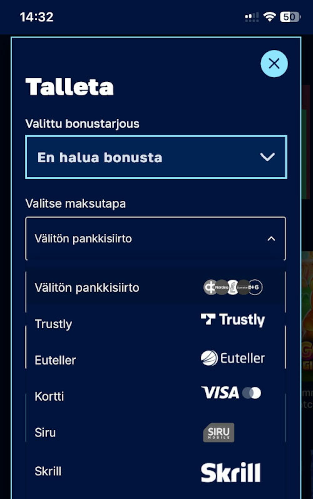 Talletus mobiilikasinolla - kuvassa Arctic Casinon tarjolla olevat maksutavat