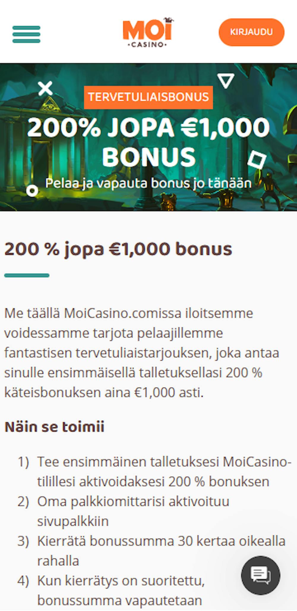 Moi Casinon tervetuliaistarjous uusille pelaajille