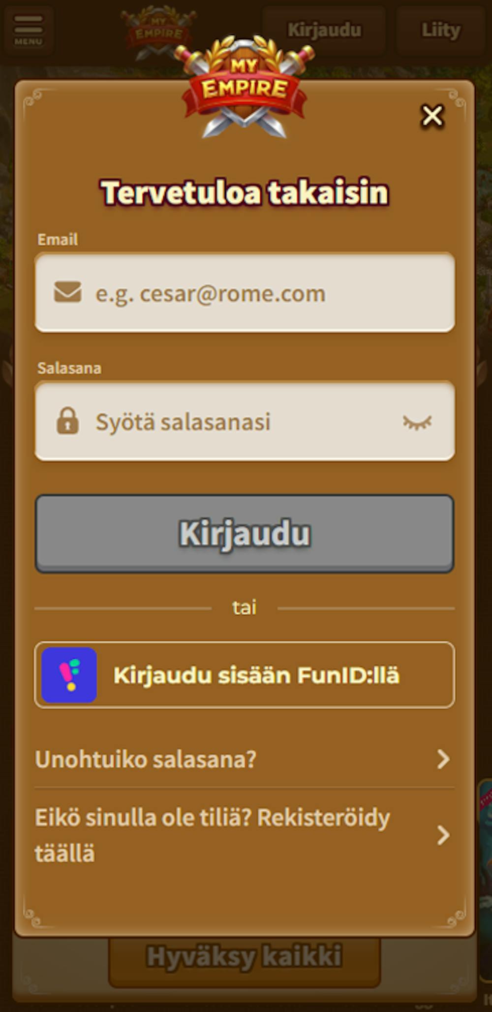 My Empire kasinon rekisteröitymislomake