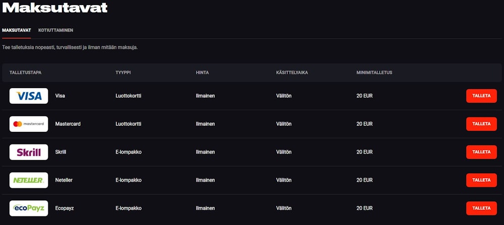 N1 Casinon maksuvaihtoehdot