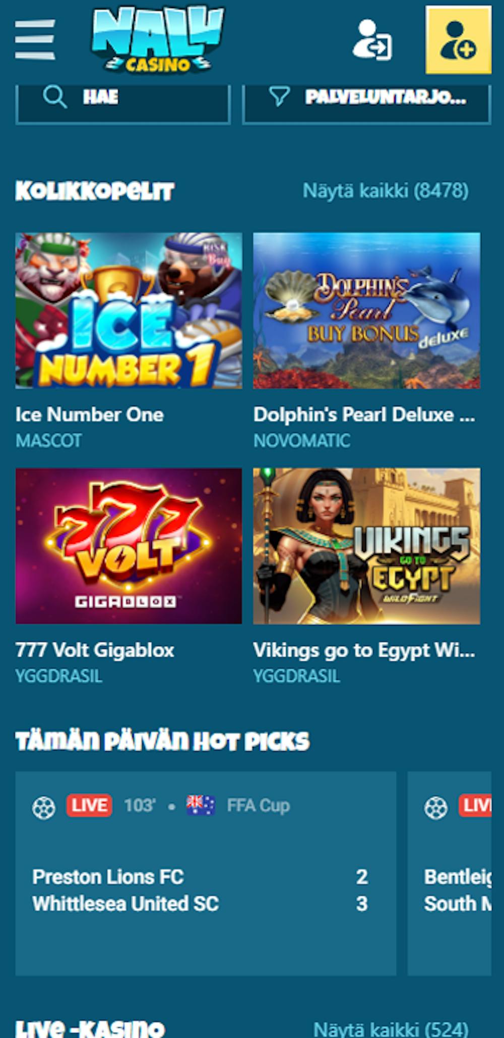 Nalu Casinolla on kattava pelivalikoima, jonka suosikkeihin kuuluvat esimerkiksi Royal Coins ja  Football Glory