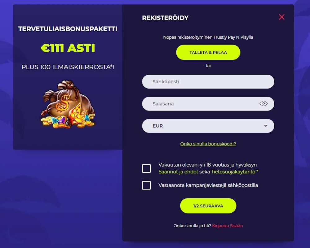 NightRush Casinolle rekisteröityminen