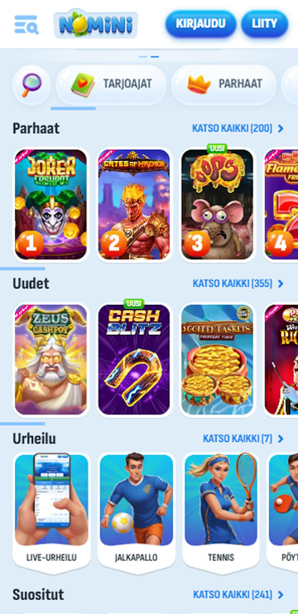 Nomini nettikasinon pelivalikoimaa