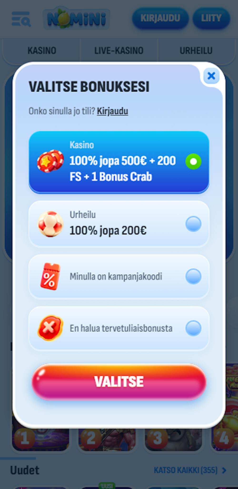 Nomini nettikasinon tervetulobonukset