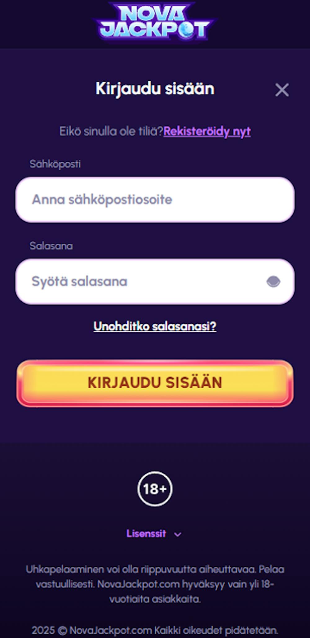 Rekisteröityminen Novajackpot nettikasinolle