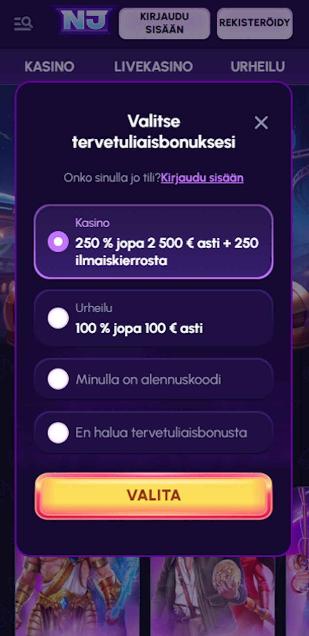 Novajackpot nettikasinon tervetuliaisbonus