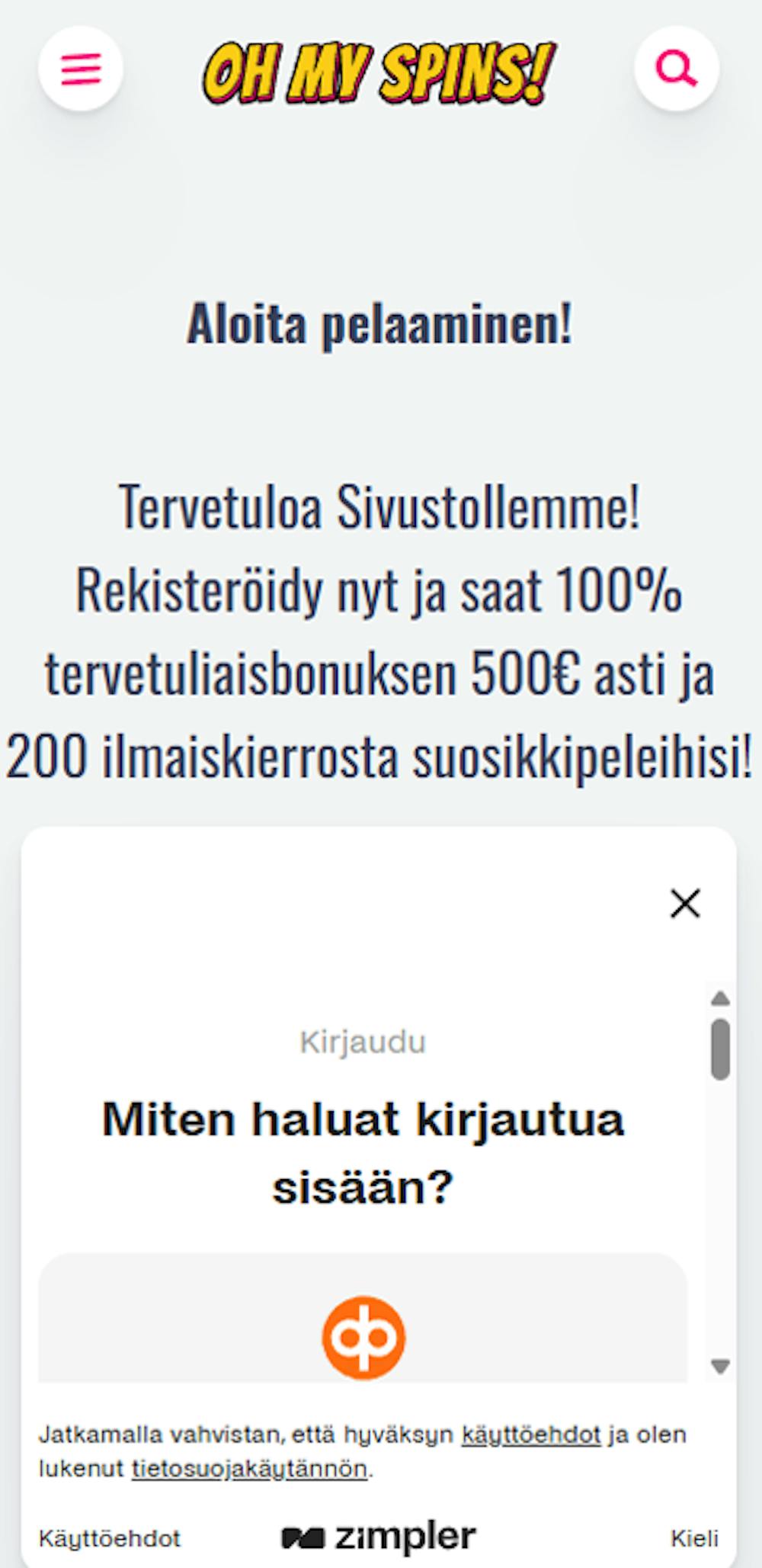 ohmyspinsin tervetulotarjous