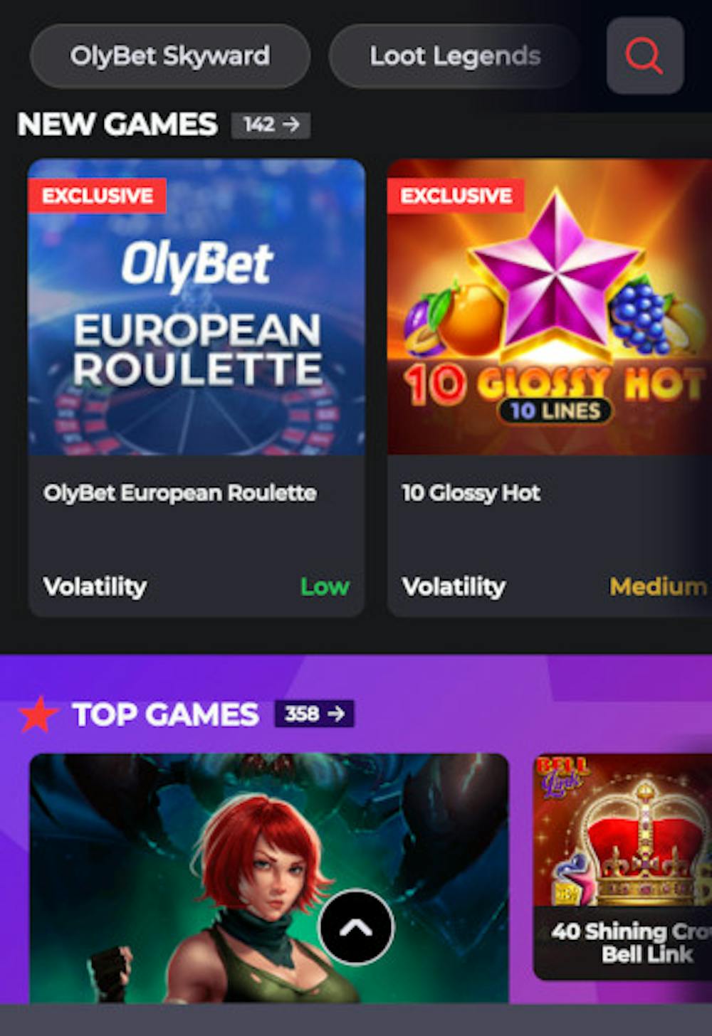 Olybet Casinon peliaula mobiilinäkymässä