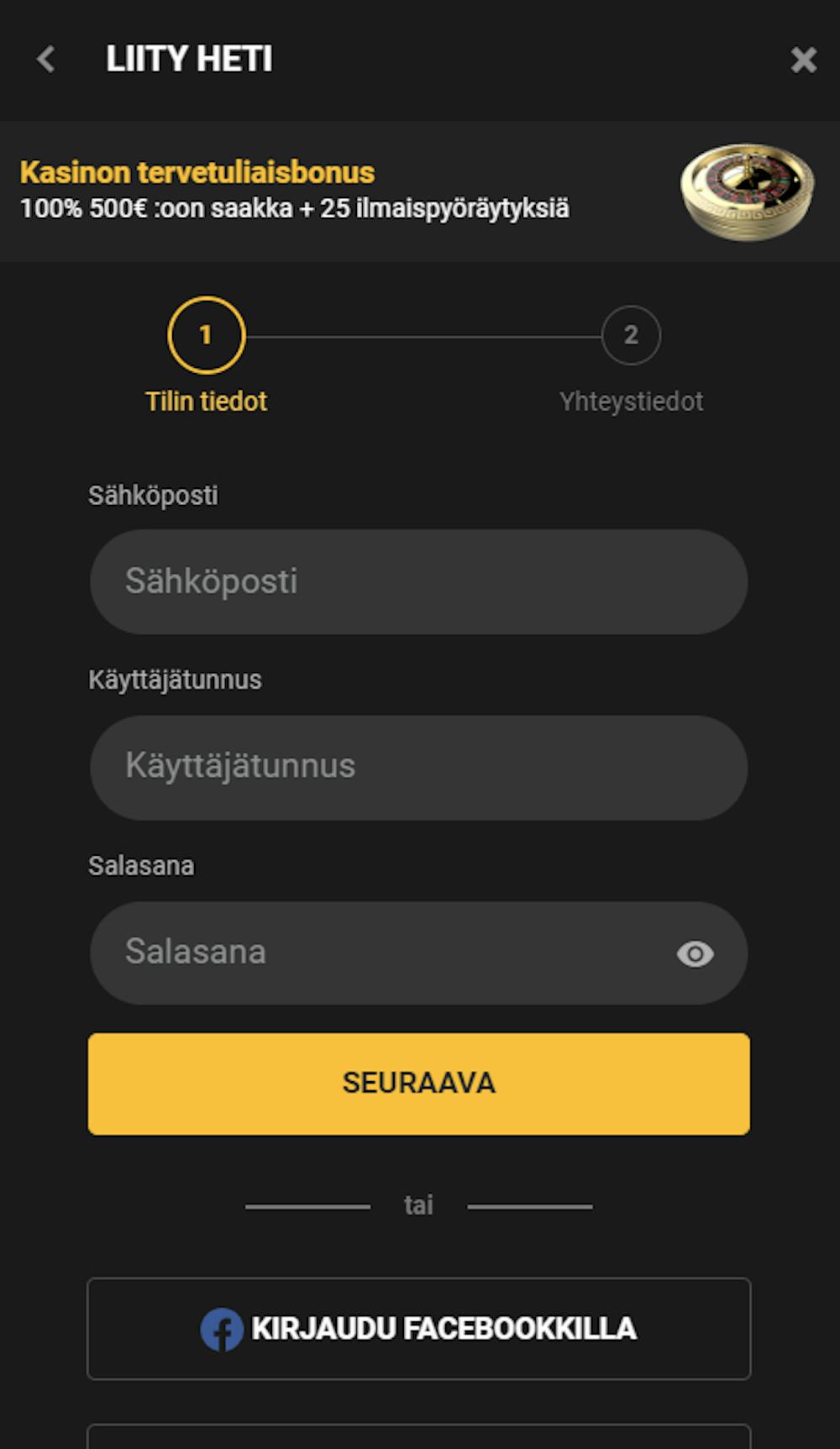 Kasinon rekisteröitymislomake ja tervetuliaisbonus 100 % + 25 ilmaiskierrosta.