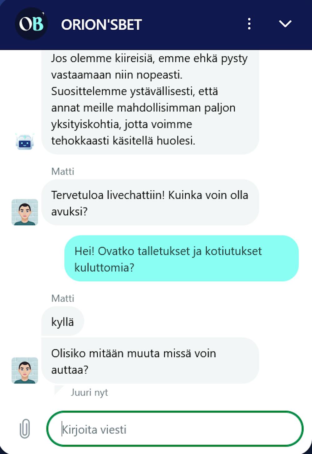 Orionsbetin asiakaspalvelussa palveltiin suomeksi.