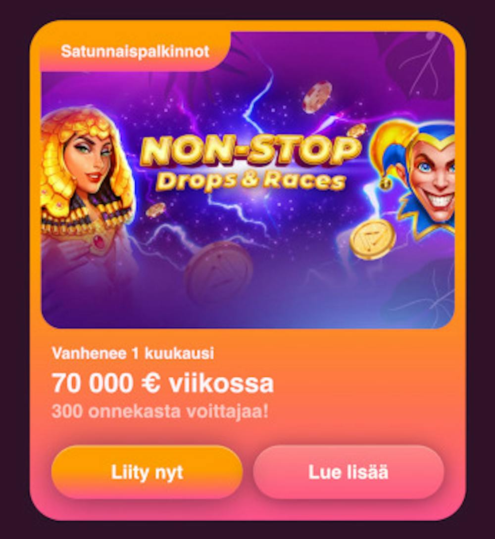 Paratiisi Casinon kampanjat ja tarjoukset, kuvassa Non-Stop Drops & Races