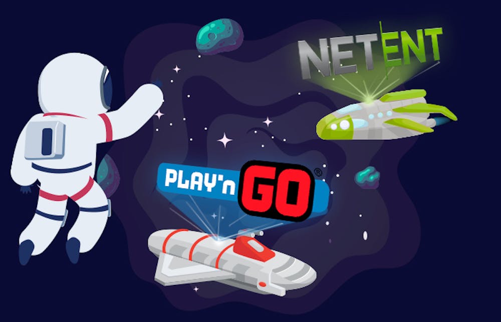 Nettikasinoiden pelivalmistajat - kuvassa astronautti ja avaruusalukset Play'n GO ja Netent