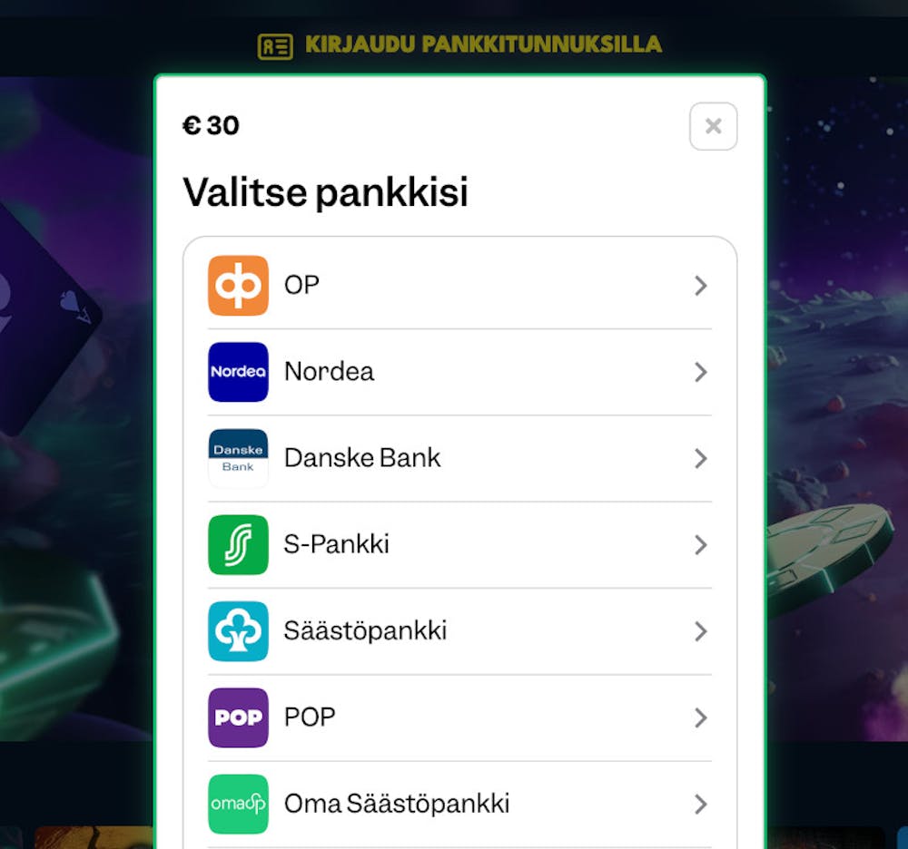 Valitse listalta suomalainen verkkopankki - OP, Nordea, Danske Bank, S-pankki, Säästöpankki, POP, Oma Säästöpankki