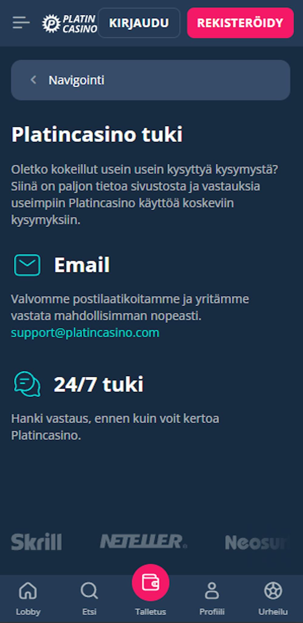 Platincasinon asiakaspalvelu