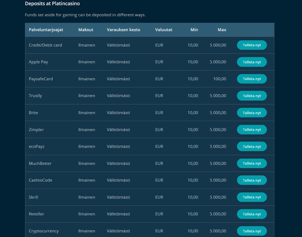 Platin Casinon maksutavat