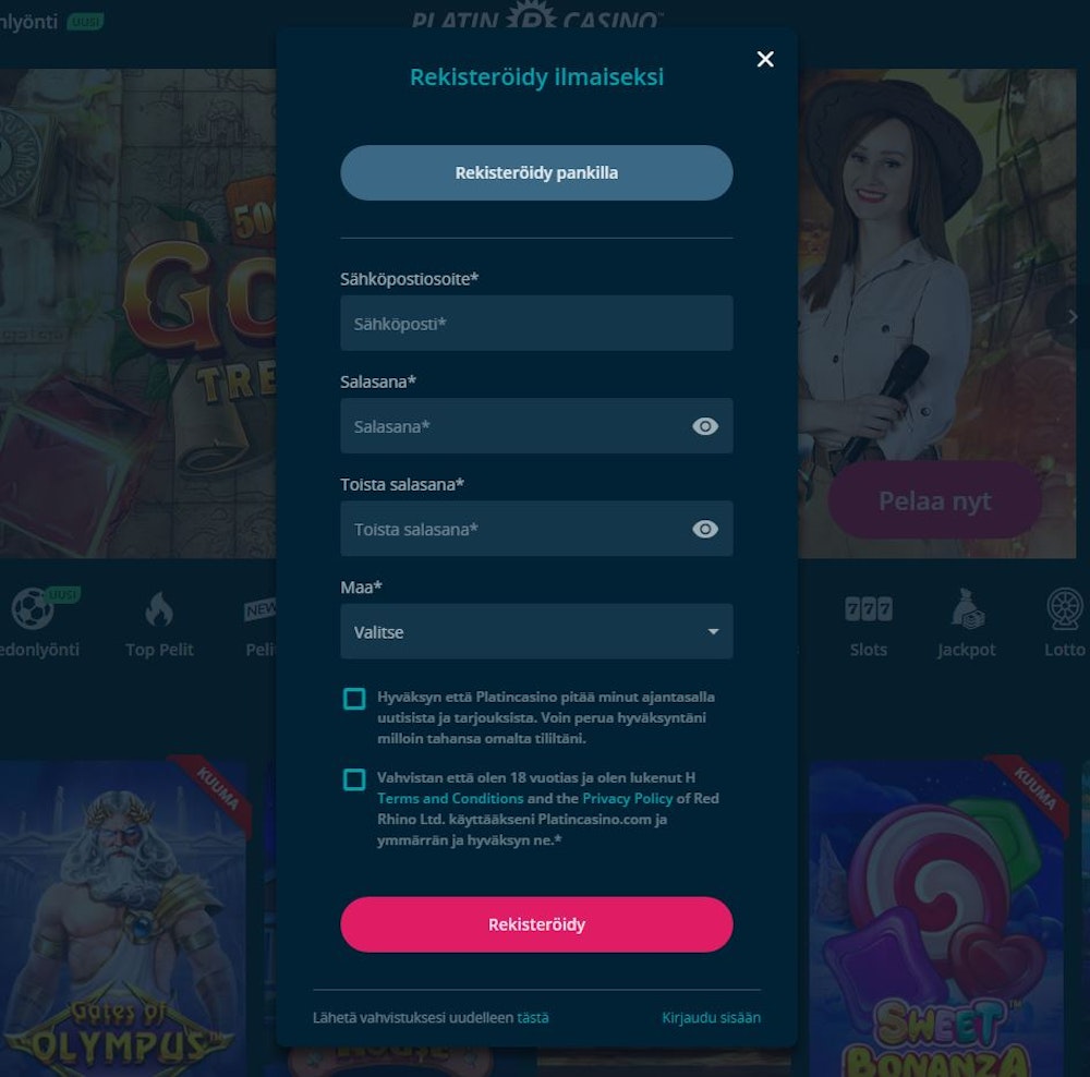 Platin Casinolle rekisteröityminen