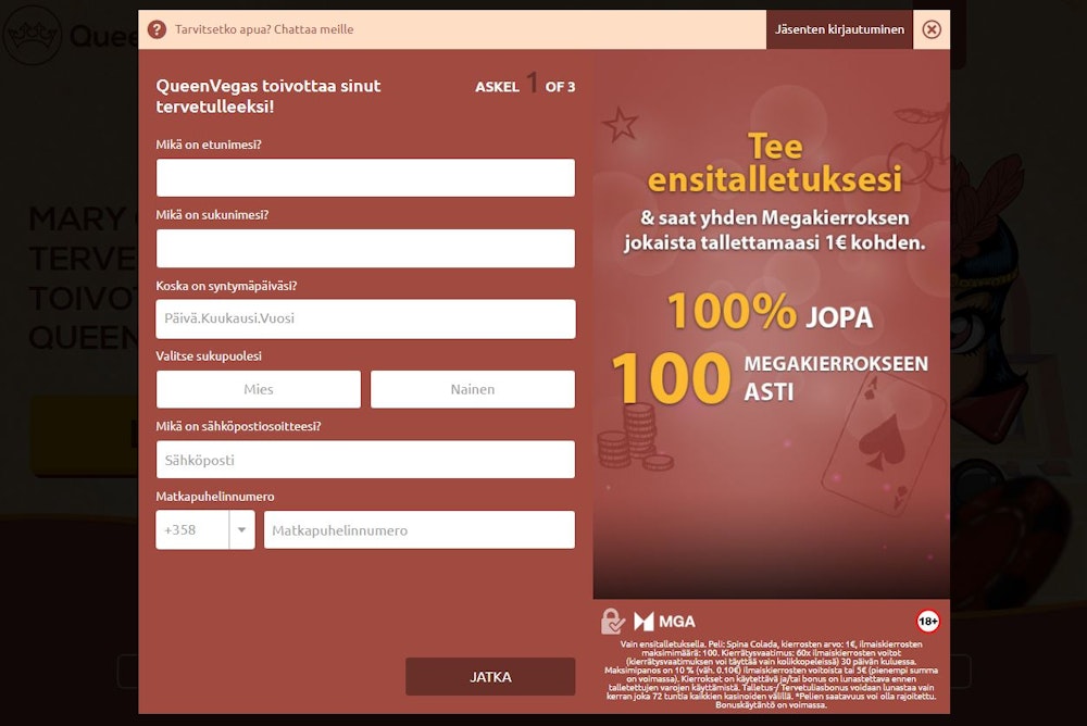 Rekisteröi uusi tili QueenVegas Casinolle