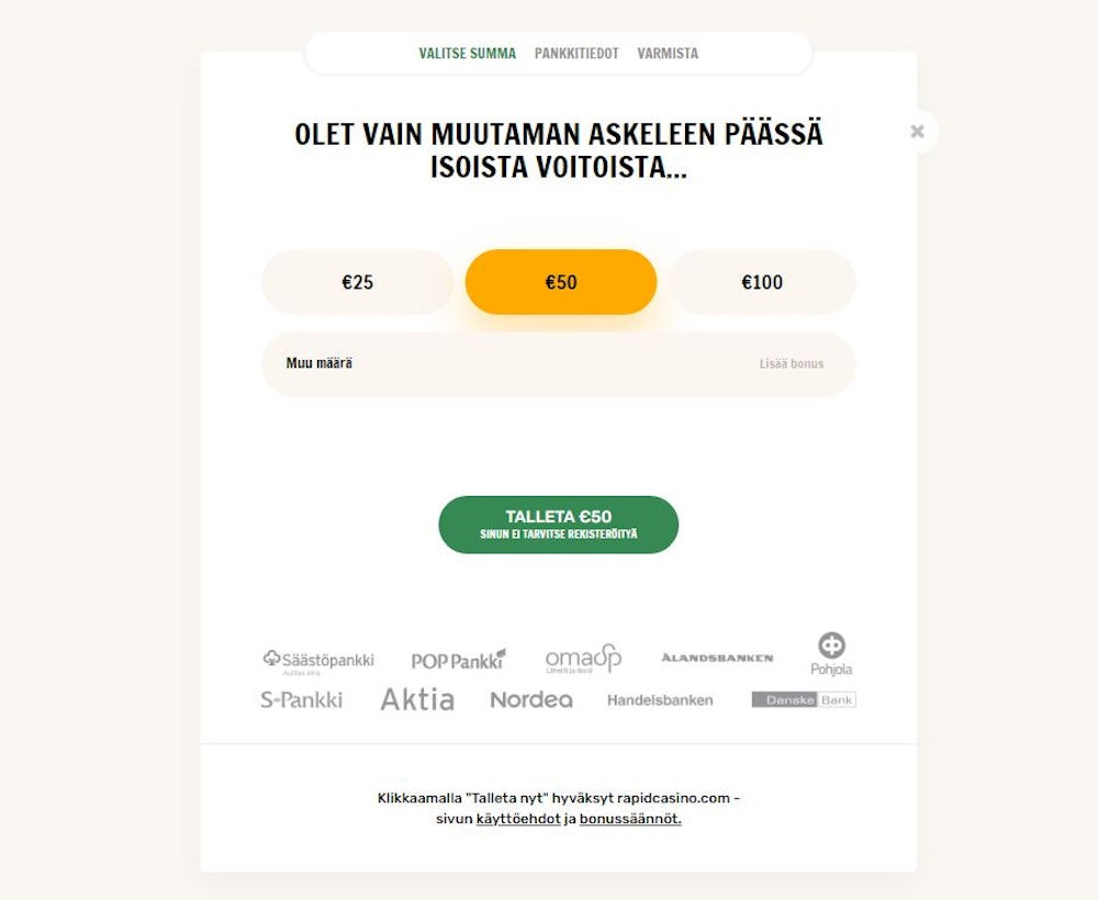 Rekisteröi uusi tili Rapid Casinolle