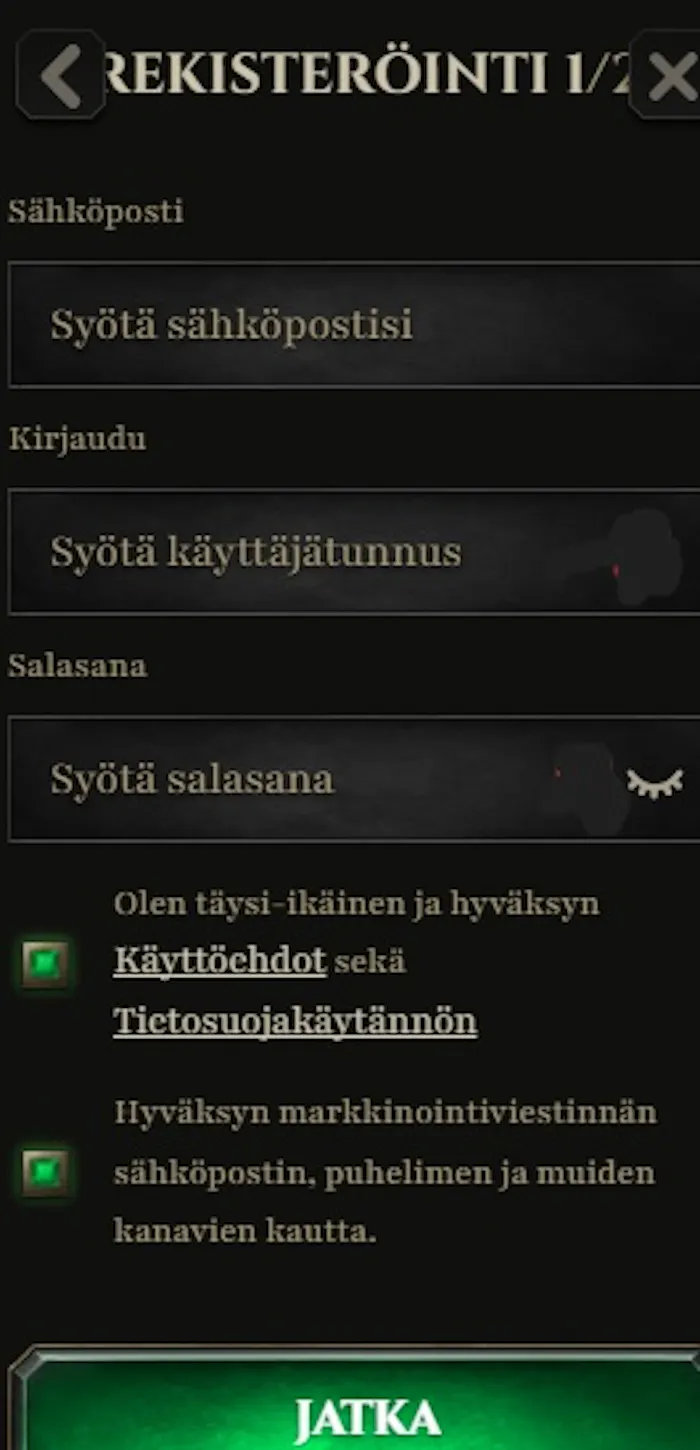 Kyngs Casinon rekisteröitymislomake.