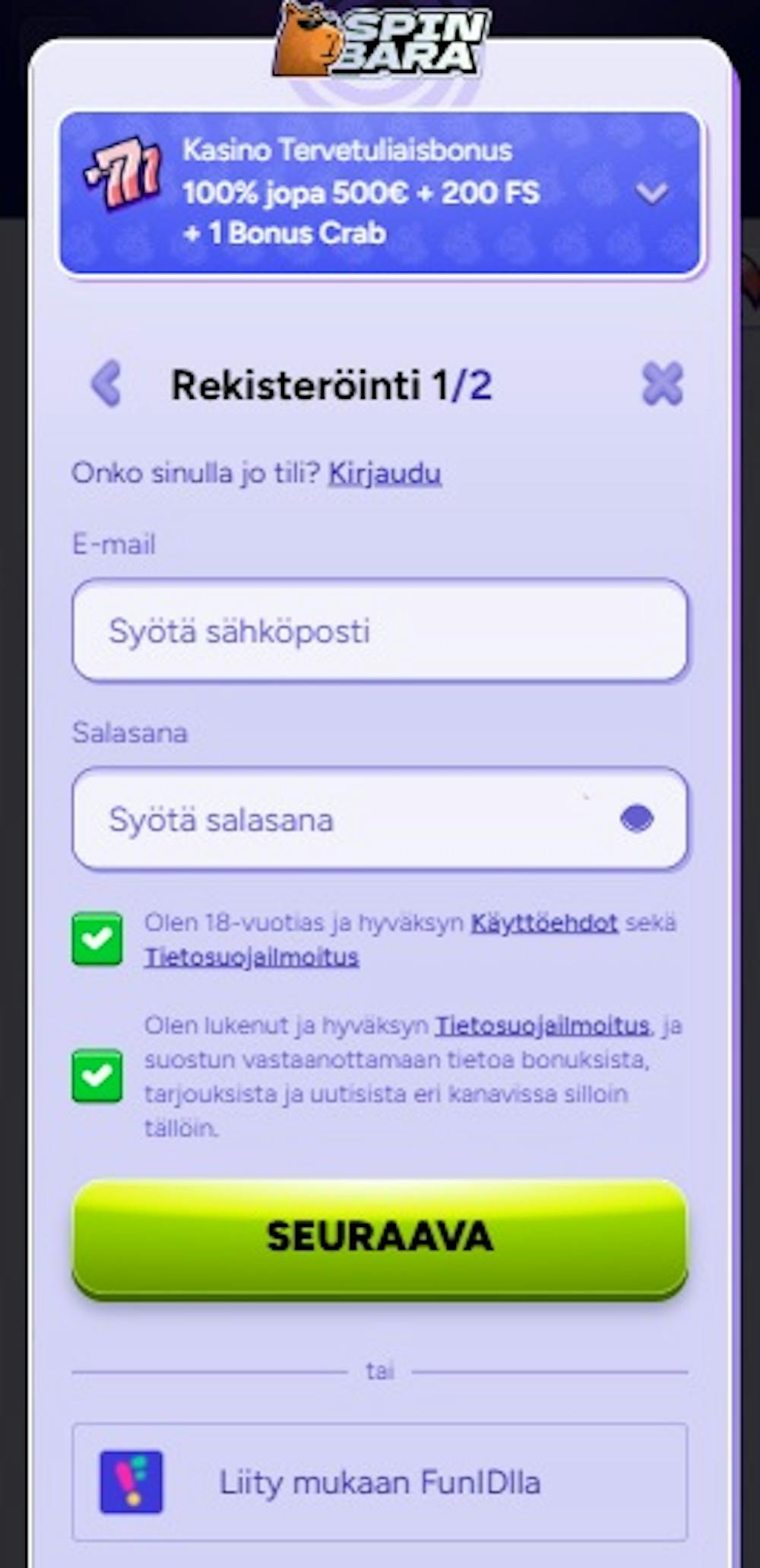 Spinbara kasinon rekisteröitymislomake.