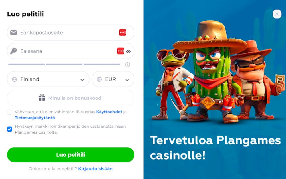 Rekisteröitymislomake Plan Games Casinolla - Pelaajan tulee täyttää lyhyt lomake omilla tiedoillaan pelitilin luomiseksi - kuvassa myös teksti 'Tervetuloa Plangames Casinolle' ja hauskat grafiikat