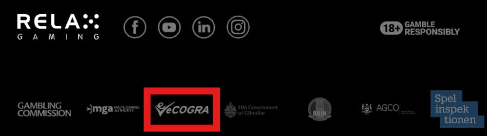 eCOGRA:n sertifikaatti Relax Gaming pelivalmistajan sivuilla.