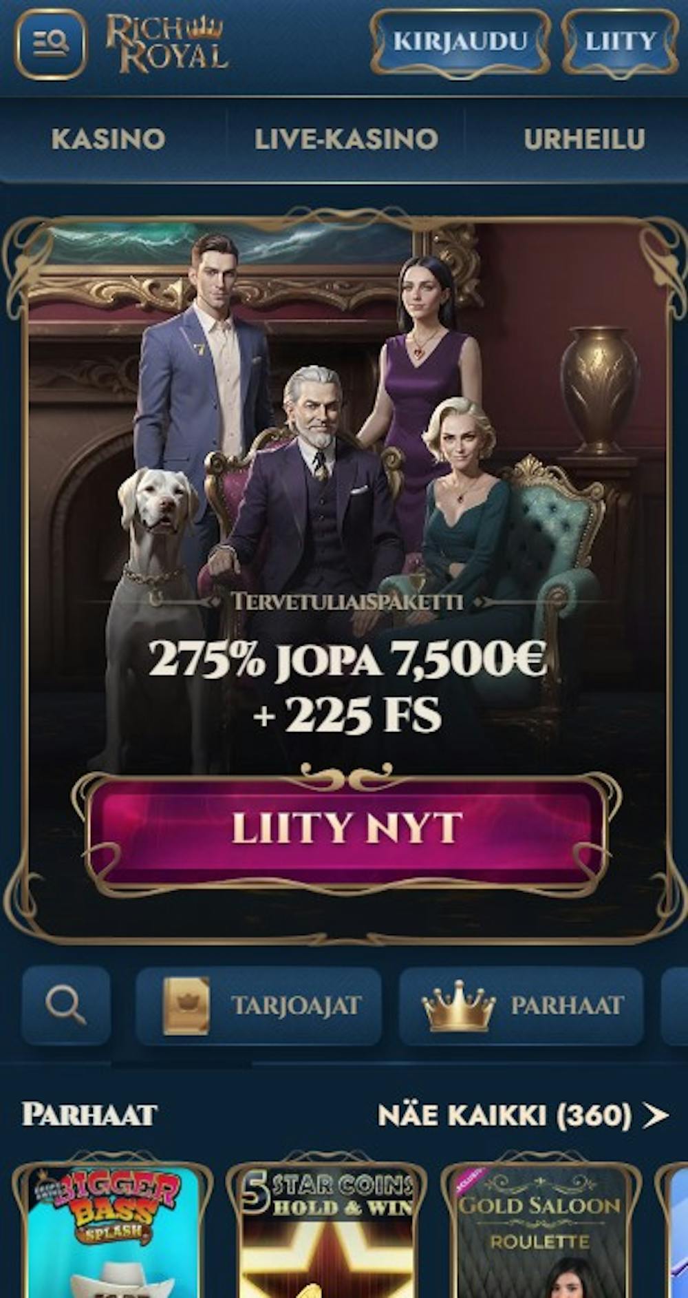 Rich Royalin tervetuliaisbonus on yhteens´275 % jopa 7500 euroon.