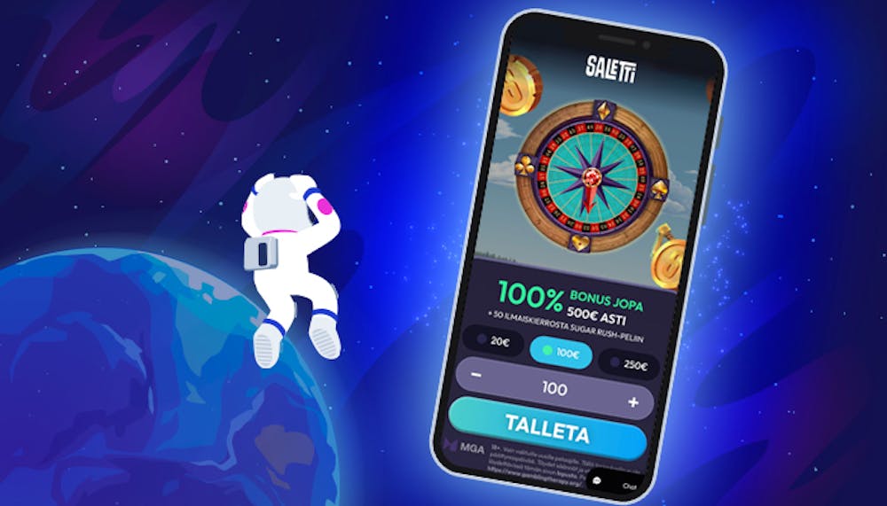 Saletti Casino mobiilinäytöllä – 100 % tervetuliaisbonus, avaruusteemainen tausta ja leijuva astronautti