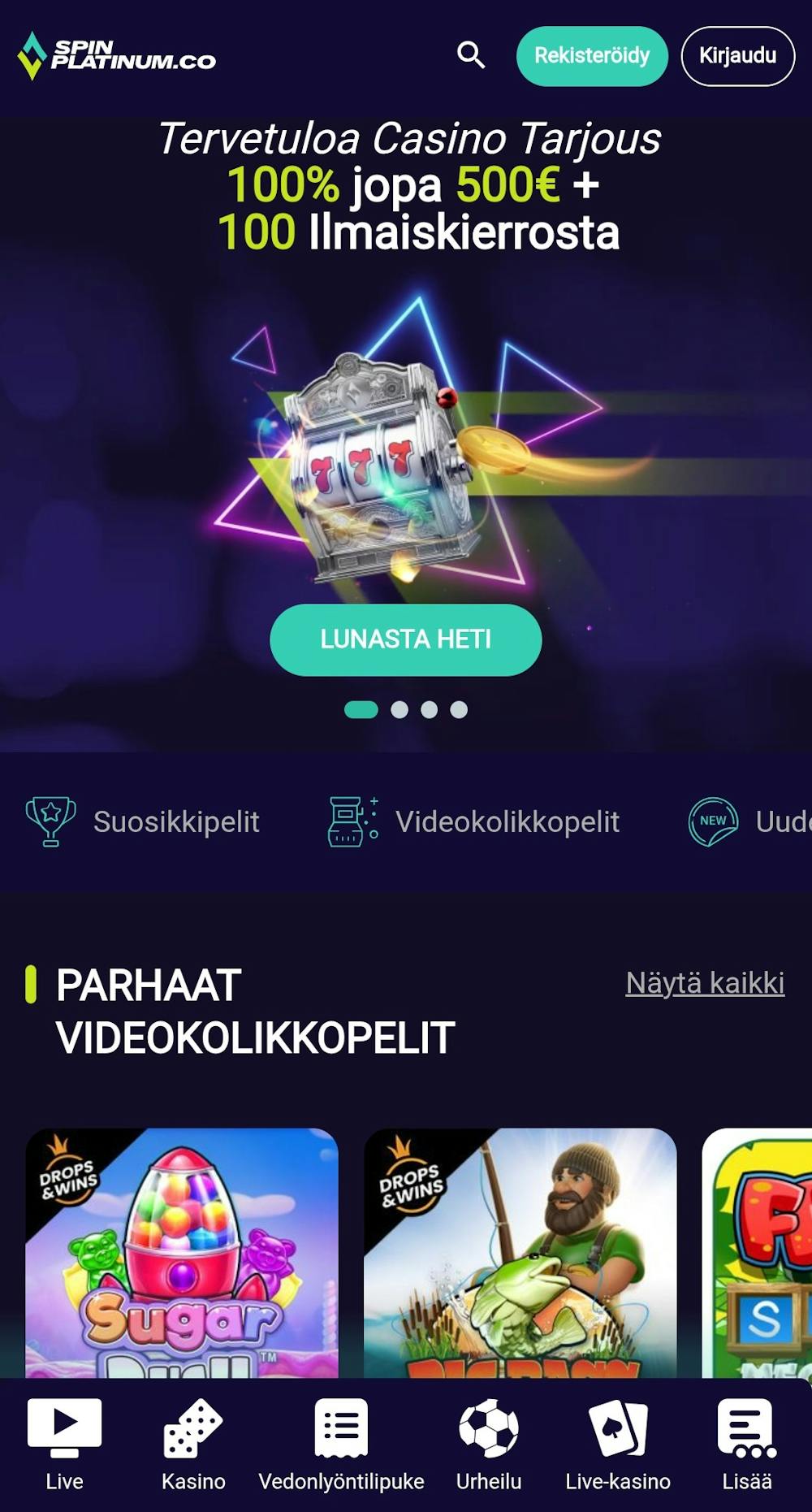 Spin Platinum Casinon tervetuliaisbonus on 100 % aina 500 euroon ja 100 ilmaispyöräytystä.